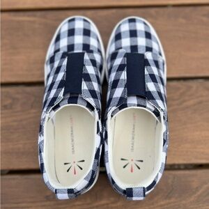 ISAAC MIZRAH LIVE! Gingham Printed Canvas Sneakers-Navy & White-Size 9.5M